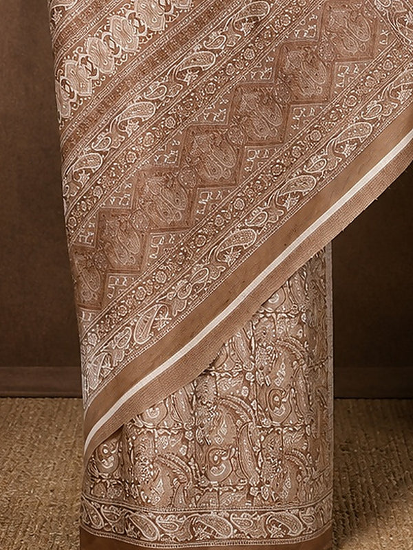 Indiehaat | Kashmiri Silk Printed Saree Light Brown & Beige