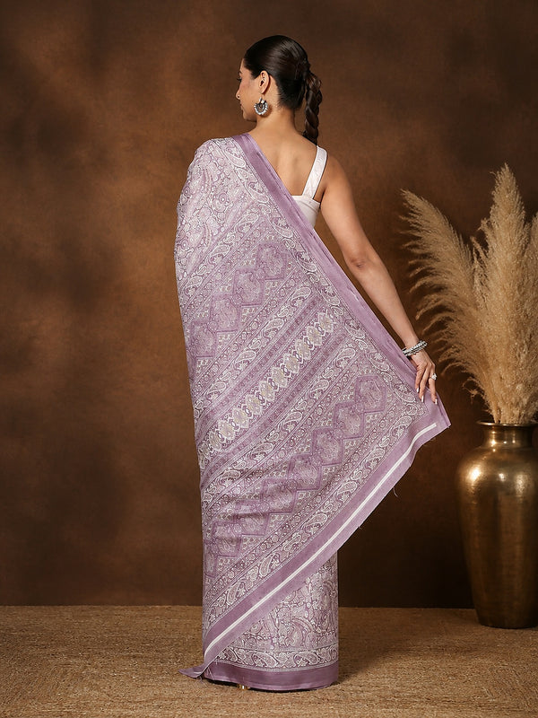 Indiehaat | Kashmiri Silk Printed Saree Lavender & White