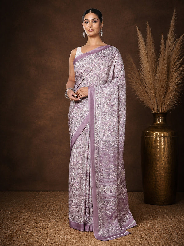 Indiehaat | Kashmiri Silk Printed Saree Lavender & White