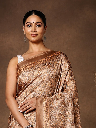 Indiehaat | Kashmiri Silk Printed Saree Tan & Brown