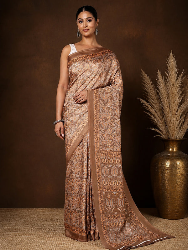 Indiehaat | Kashmiri Silk Printed Saree Tan & Brown