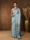 Indiehaat | Kashmiri Silk Printed Saree Greyish Blue & Pa
