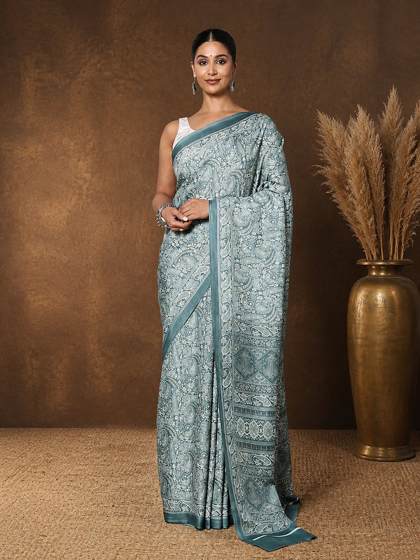 Indiehaat | Kashmiri Silk Printed Saree Greyish Blue & Pa