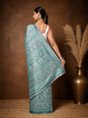 Indiehaat | Kashmiri Silk Printed Saree Slate Grey & Teal