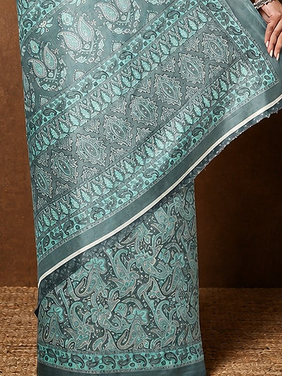 Indiehaat | Kashmiri Silk Printed Saree Slate Grey & Teal