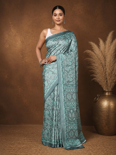 Indiehaat | Kashmiri Silk Printed Saree Slate Grey & Teal