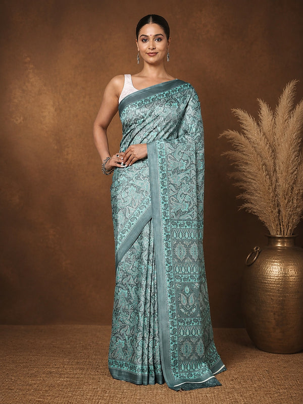 Indiehaat | Kashmiri Silk Printed Saree Slate Grey & Teal