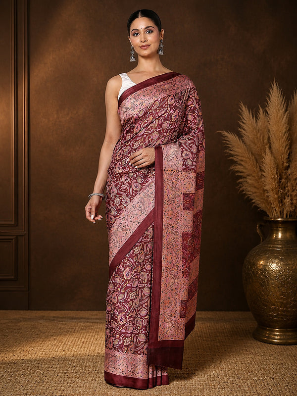 Indiehaat | Kashmiri Silk Printed Saree Maroon & Burgundy