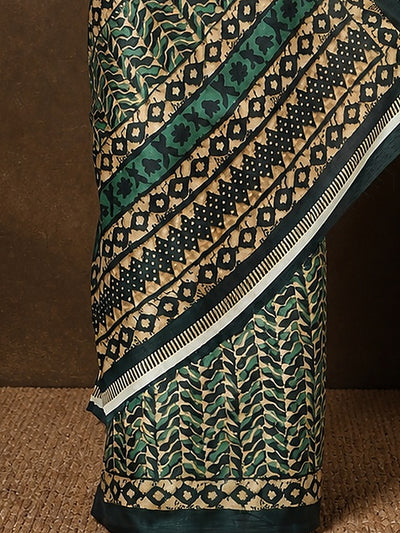 Indiehaat | Kashmiri Silk Printed Saree Forest Green & Gold