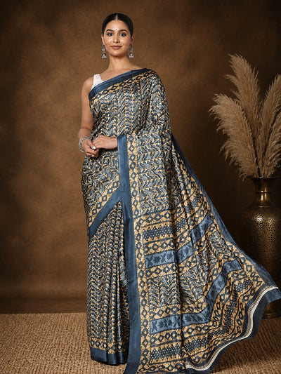Blue & Tan Leaf Print Kashmiri Silk Saree | Taal