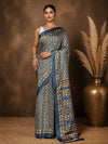 Indiehaat | Kashmiri Silk Printed Saree Dark Blue & Tan