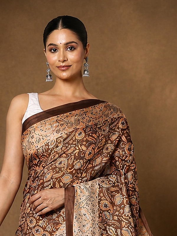 Indiehaat | Kashmiri Silk Printed Saree Dark Brown & Ligh