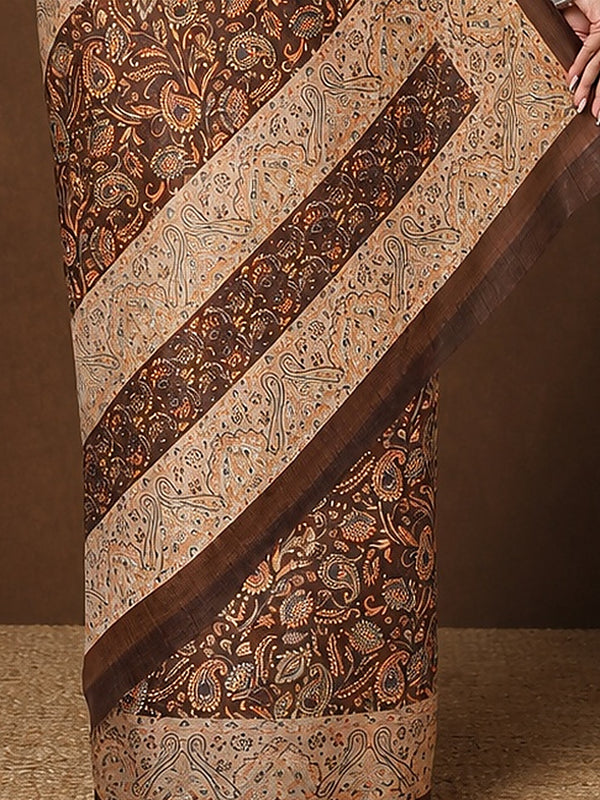 Indiehaat | Kashmiri Silk Printed Saree Dark Brown & Ligh