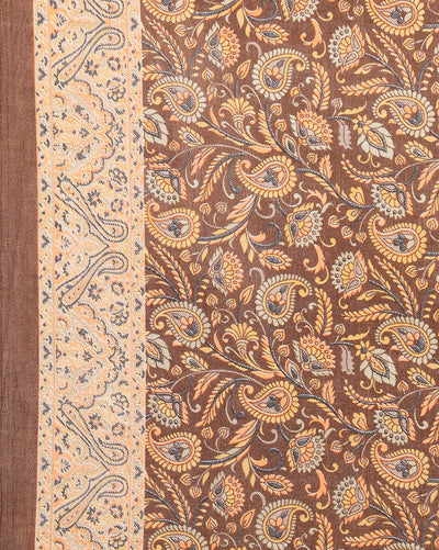 Indiehaat | Kashmiri Silk Printed Saree Dark Brown & Ligh