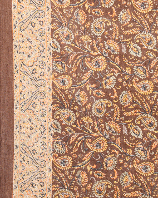Indiehaat | Kashmiri Silk Printed Saree Dark Brown & Ligh
