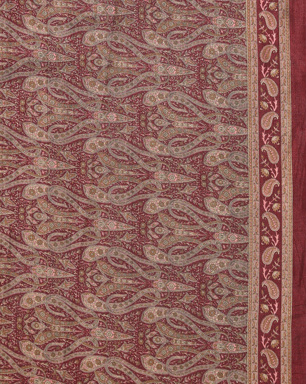 Indiehaat | Kashmiri Silk Printed Saree Dark Maroon & Brown