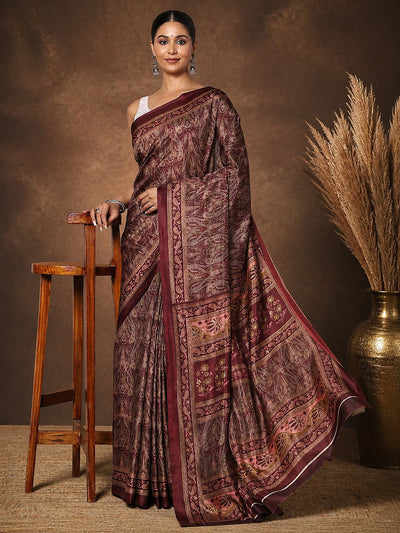 Maroon & Pink Paisley Kashmiri Silk Printed Saree | Manzil