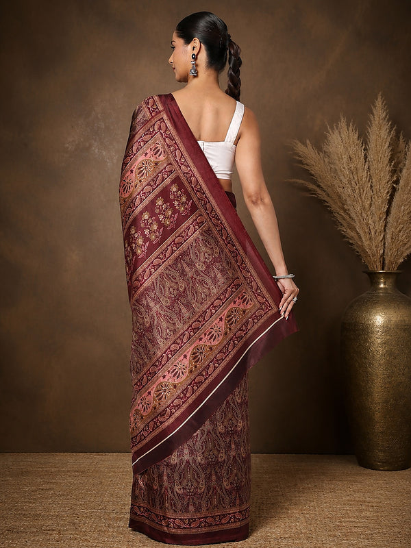 Indiehaat | Kashmiri Silk Printed Saree Dark Maroon & Brown