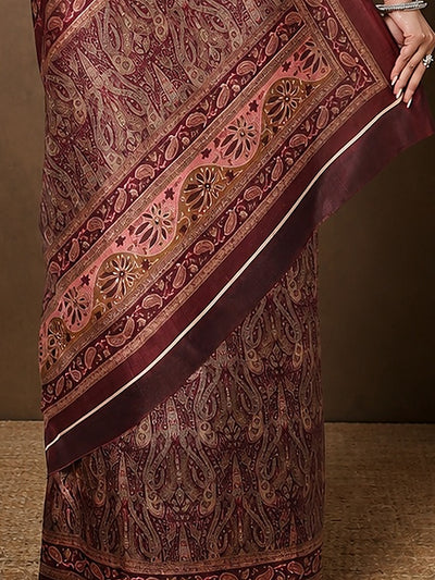 Indiehaat | Kashmiri Silk Printed Saree Dark Maroon & Brown