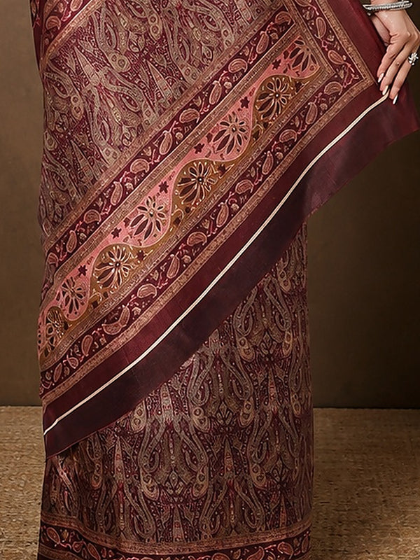 Indiehaat | Kashmiri Silk Printed Saree Dark Maroon & Brown
