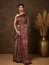 Indiehaat | Kashmiri Silk Printed Saree Dark Maroon & Brown