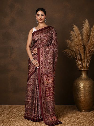 Indiehaat | Kashmiri Silk Printed Saree Dark Maroon & Brown