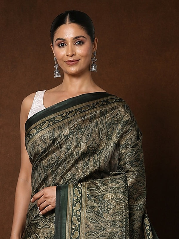 Indiehaat | Kashmiri Silk Printed Saree Dark Green & Black