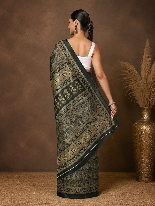 Indiehaat | Kashmiri Silk Printed Saree Dark Green & Black