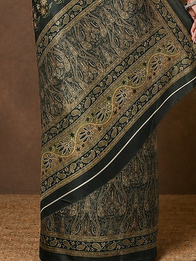 Indiehaat | Kashmiri Silk Printed Saree Dark Green & Black