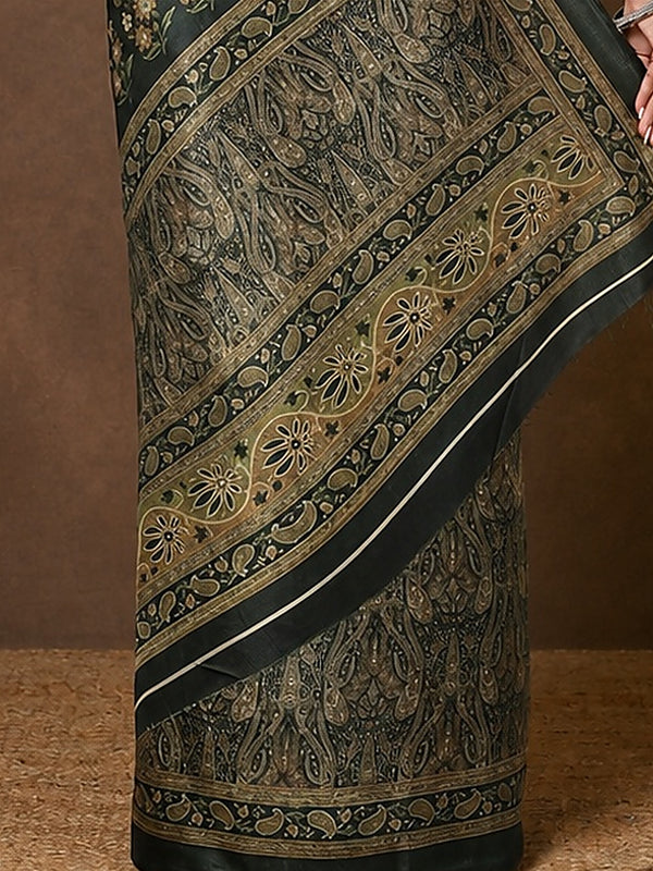 Indiehaat | Kashmiri Silk Printed Saree Dark Green & Black