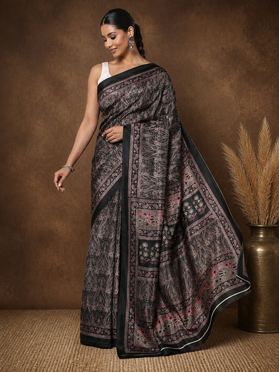 Black Floral Paisley Printed Kashmiri Silk Saree | Silsila