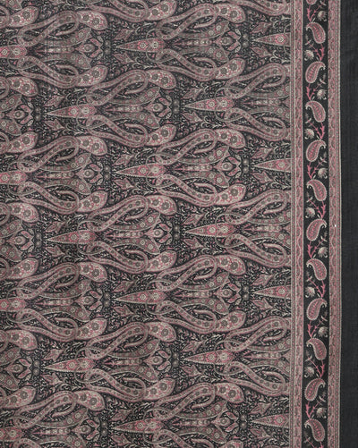 Indiehaat | Kashmiri Silk Printed Saree Black & Charcoal 