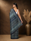 Indiehaat | Kashmiri Silk Printed Saree Dark Blue & Slate