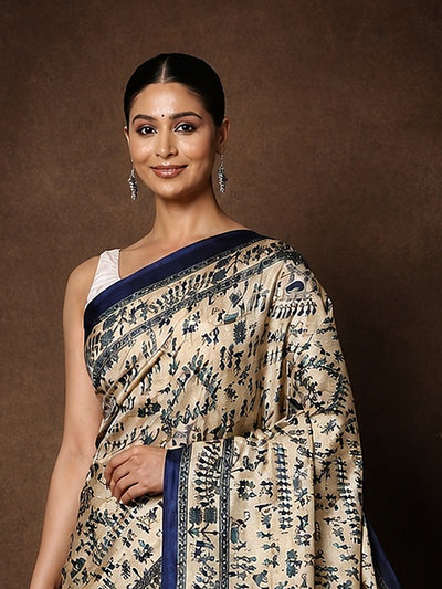 Indiehaat | Kashmiri Silk Printed Saree Beige & Navy Blue