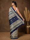 Indiehaat | Kashmiri Silk Printed Saree Beige & Navy Blue
