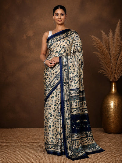 Indiehaat | Kashmiri Silk Printed Saree Beige & Navy Blue
