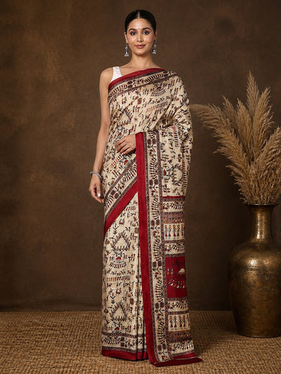 Indiehaat | Kashmiri Silk Printed Saree Beige & Maroon