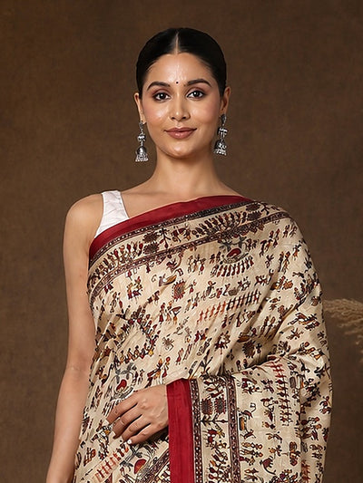 Indiehaat | Kashmiri Silk Printed Saree Beige & Maroon