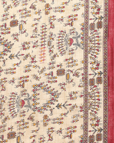 Indiehaat | Kashmiri Silk Printed Saree Beige & Maroon