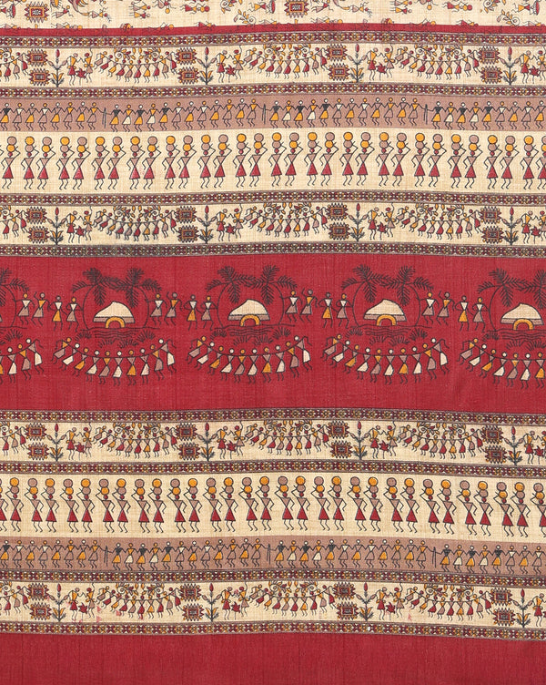 Indiehaat | Kashmiri Silk Printed Saree Beige & Maroon