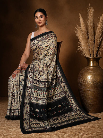 Beige & Black Warli Printed Kashmiri Silk Saree | Manzar