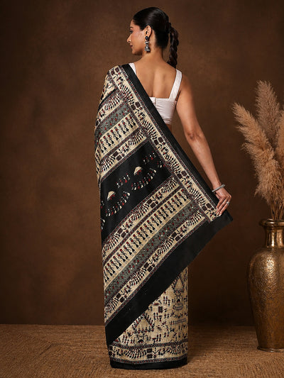 Indiehaat | Kashmiri Silk Printed Saree Beige & Black