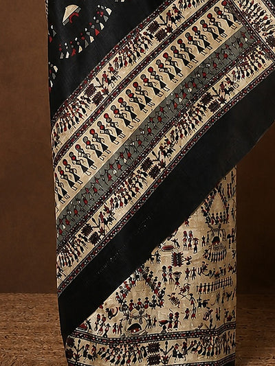 Indiehaat | Kashmiri Silk Printed Saree Beige & Black