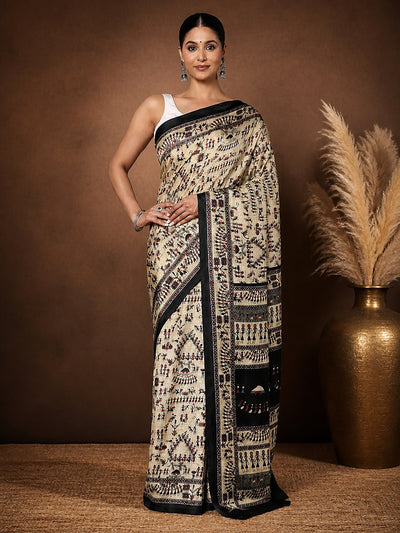 Indiehaat | Kashmiri Silk Printed Saree Beige & Black