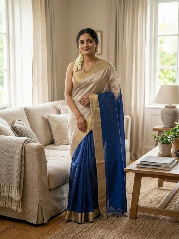 Indiehaat | Kota Silk Hand Dyed Saree Beige & Blue