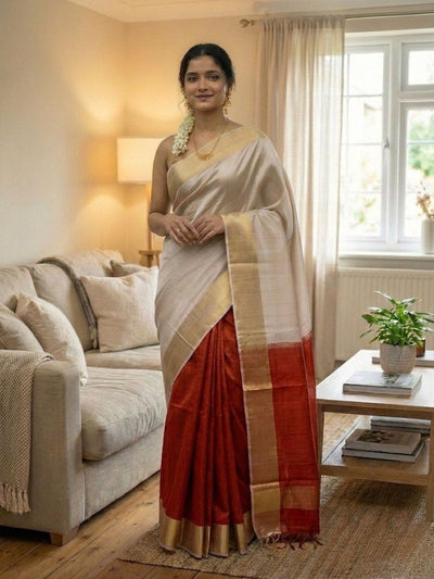 Handloom Kota Silk Beige & Rust Red Saree