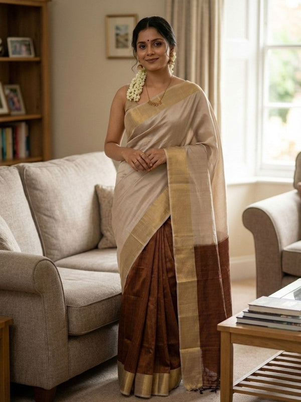 Indiehaat | Kota Silk Hand Dyed Saree Beige & Brown