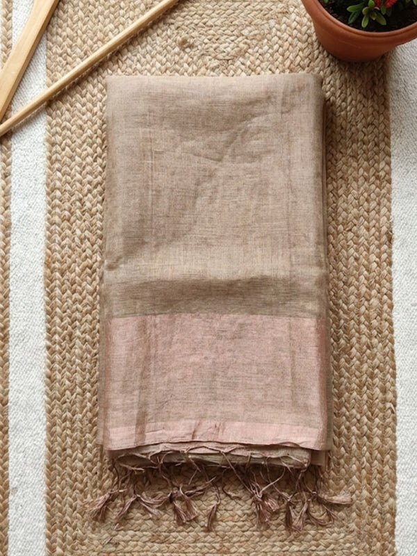 Indiehaat | Pure Handloom Silk Linen Saree Beige