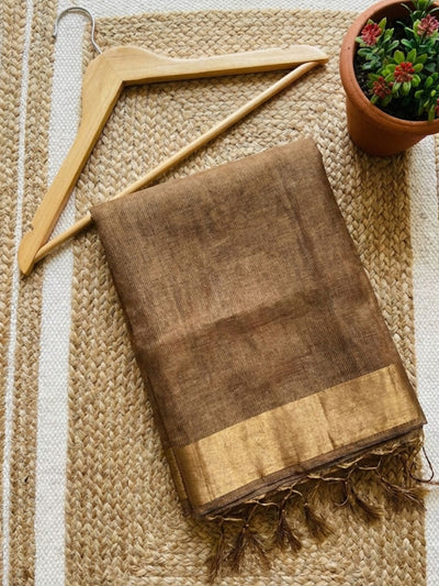Indiehaat | Pure Handloom Silk Linen Saree Brown