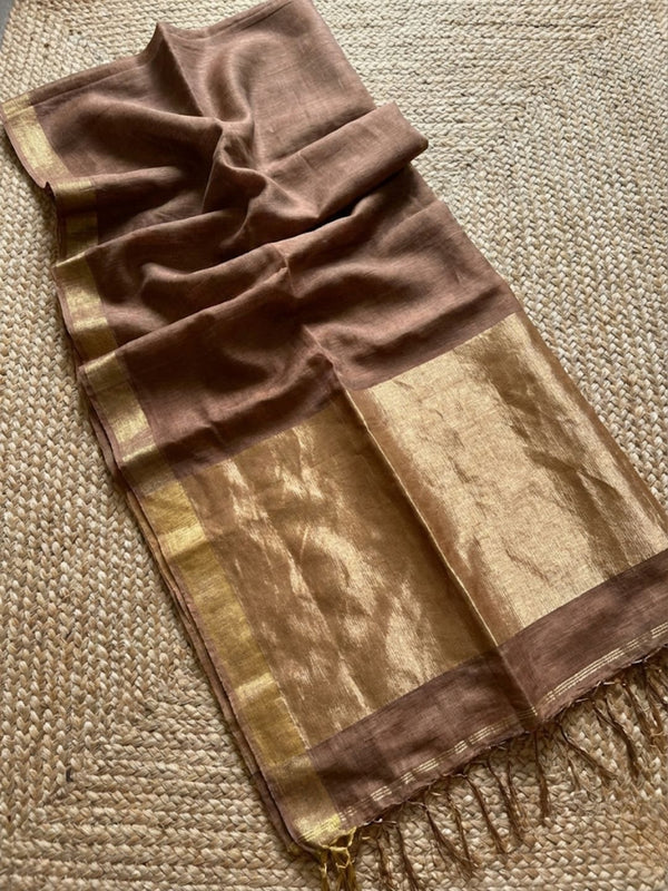 Indiehaat | Pure Handloom Silk Linen Saree Brown